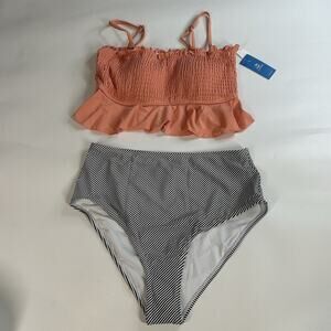 Cupshe High Waist Swimsuit Womens Large Peplum Coral Tankini Striped Modest